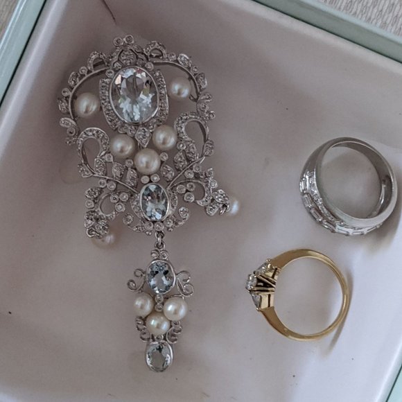 18K/Diamond/Aqua/Pearl Brooch Victorian Style - Picture 10 of 15